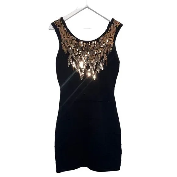 Y2K 2b Bebe Black Metallic Gold Sequin Bandage Sleeveless Cutout Back Slip - Picture 4 of 14